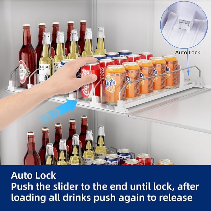 Drinks Organizer for Fridge and Pantry, Soda Can and Bottle Dispenser for Refrigerator with Automatic Pusher Glide, 5 Rows Holds Up to 25 Cans