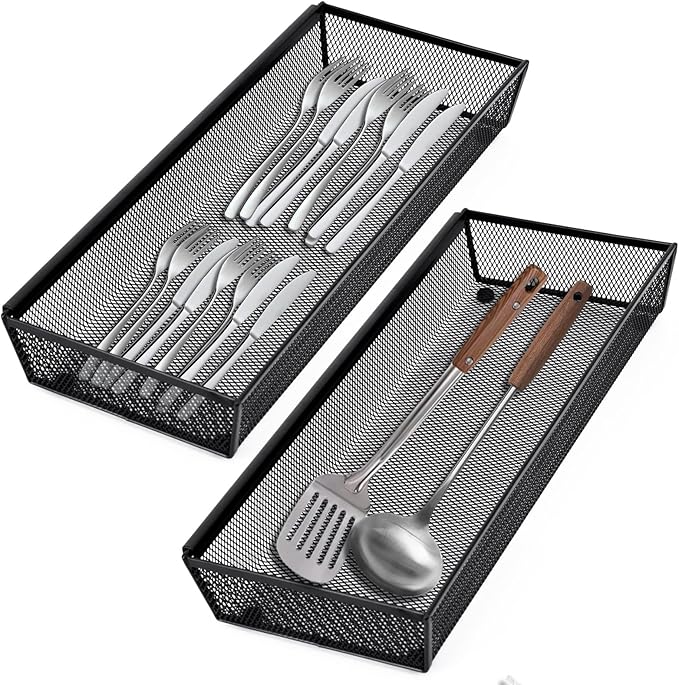 Neudeco Drawer Organizer, Black, 5 Pack, 15x6.2x2 inches | Metal Mesh Silverware Tray, Interlocking Design, 5 Compartment, For Kitchen Utensils