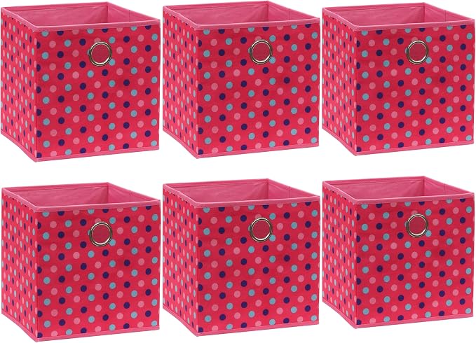 Simple Houseware 10-Inch Collapsible Fabric Cube Storage Bin with Handles, Printed Design, 6 Pack, Pink