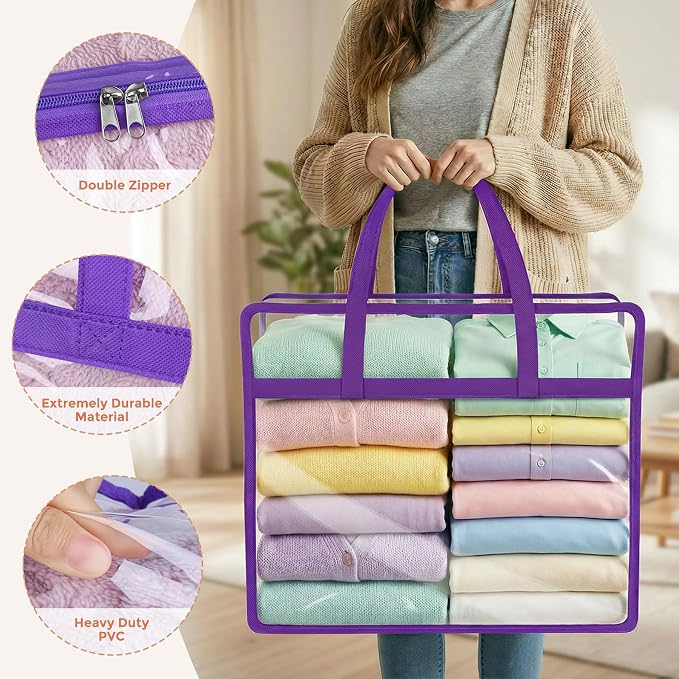 Budding Joy 6 Pack Clear Zippered Storage Bags for Clothes,40L Closet Organizers and Storage Containers Vinyl Moving Bag for Bedding, Linen, Blankets, Comforters, Clothing & Toys