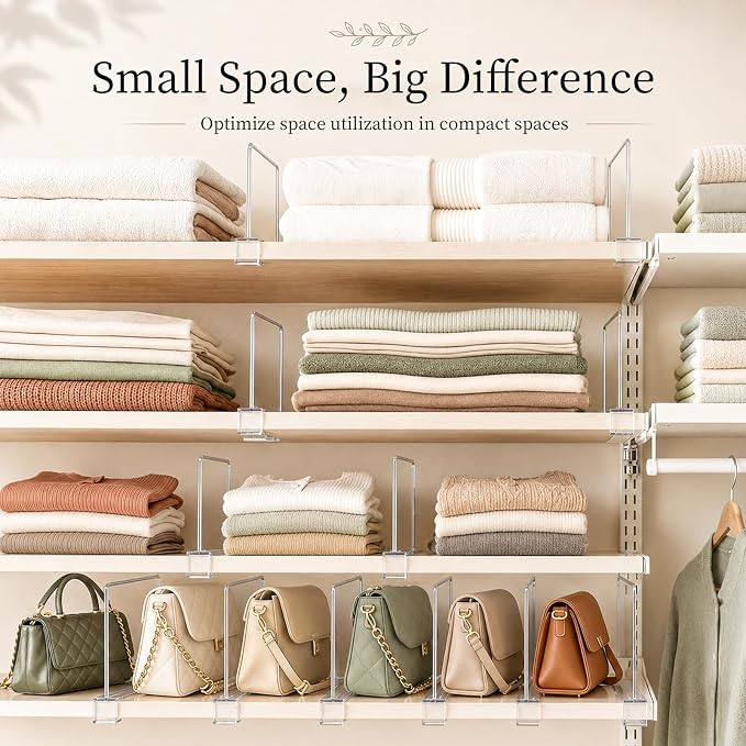 SortNStore Shelf Dividers Purse Organizer for Closet: 6-inch Tall(Shorter Version) Acrylic Handbag Organizer - Small Space Separator for Clutches Evening Bags Pouches Mini-Bags on Wood Shelves 6-Pack