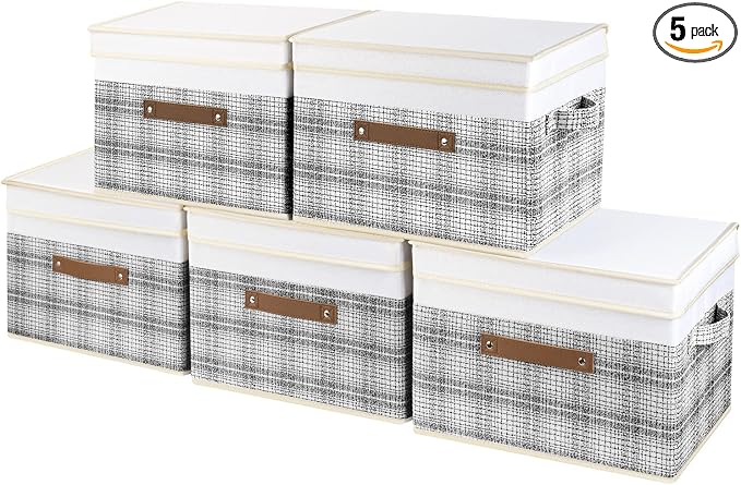 TYEERS Collapsible Storage Bins with Lids, Patchwork Design, Washable, Fabric Storage Boxes, 14.9x9.8x9.8 inches, 5 Pack, Gray