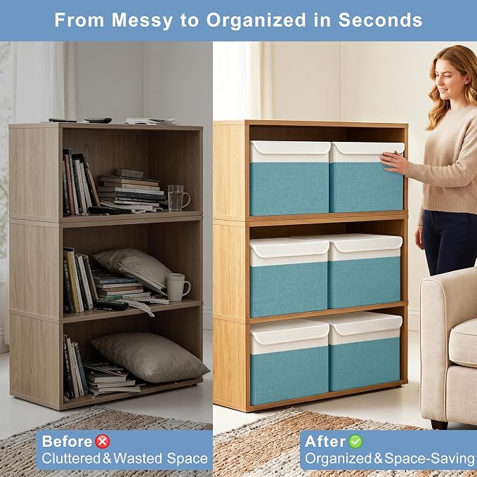 Large 17" 42 Quarts Collapsible Stackable Storage Bins with Lids [3-Pack] Foldable Fabric Linen Storage Boxes Cube, Closet Organizer Baskets with Label for Home (16.7 x 12 x 12", Teal & White)