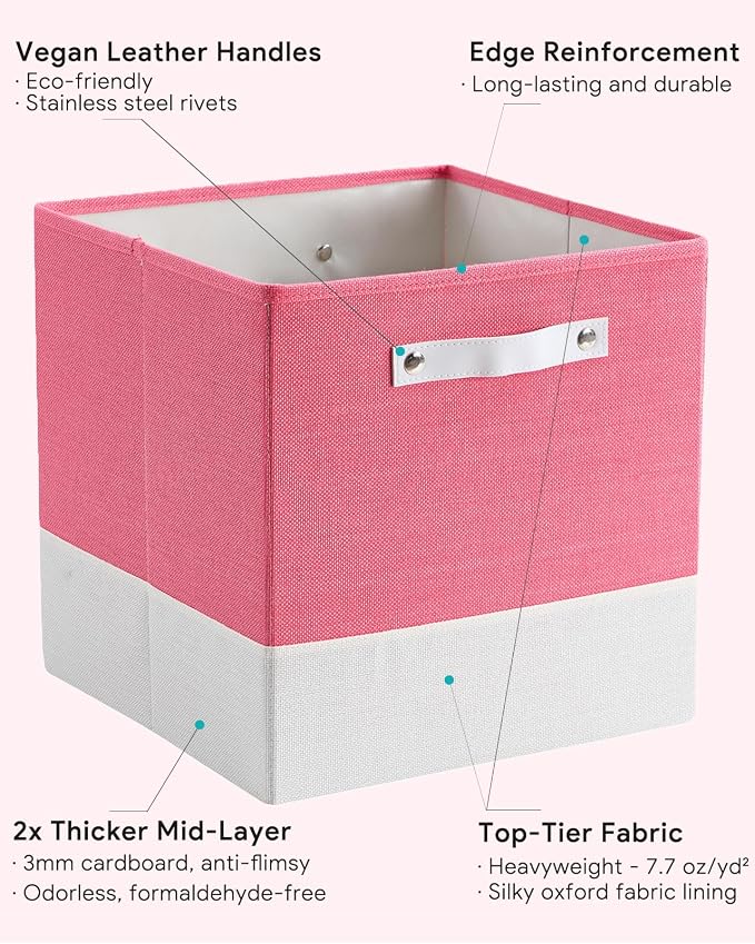 Cube Storage Bins | 13"x15"x13", Pink & White, 4 Pack | Multi-Size | 2X Thick Support Board | Vegan Leather Handles | 7.7 oz/yd² Fabric | Drawer Insert Basket Fits KALLAX