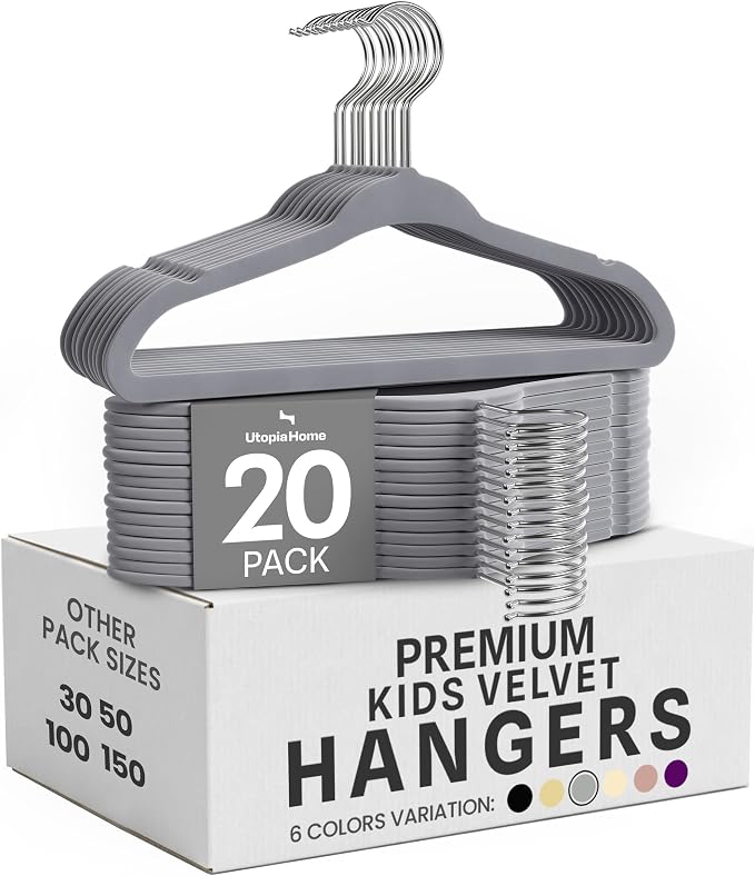 Utopia Home Kids Velvet Hanger 50 Pack – 11" Premium Baby Hangers - Grey | Premium Non-Slip Baby Hangers for Baby and Toddlers, Durable Ultra-Slim Space-Saving Closet Organizers