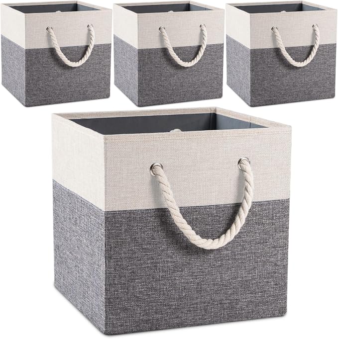 PRANDOM Large Foldable Cube Storage Bins 11x11 inch [4-Pack] Fabric Linen Storage Baskets Cubes Drawer with Cotton Handles Organizer for Shelves Nursery Closet Bedroom White and Grey