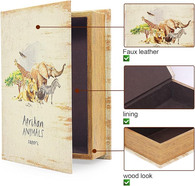 PACOLO Decorative Book Boxes, Faux Wood with Magnetic cover Storage for Hidden Jewelry, Money, and Cash (Afrikan animals)