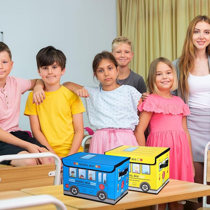 Sweetude 2 Pcs School Bus Treasure Box for Classroom, Foldable Chest Storage Toy Box Chest with Lid Treasure Storage Organizer Bin for Kids Teachers Toy Prizes Awards for Students(Yellow, Blue)