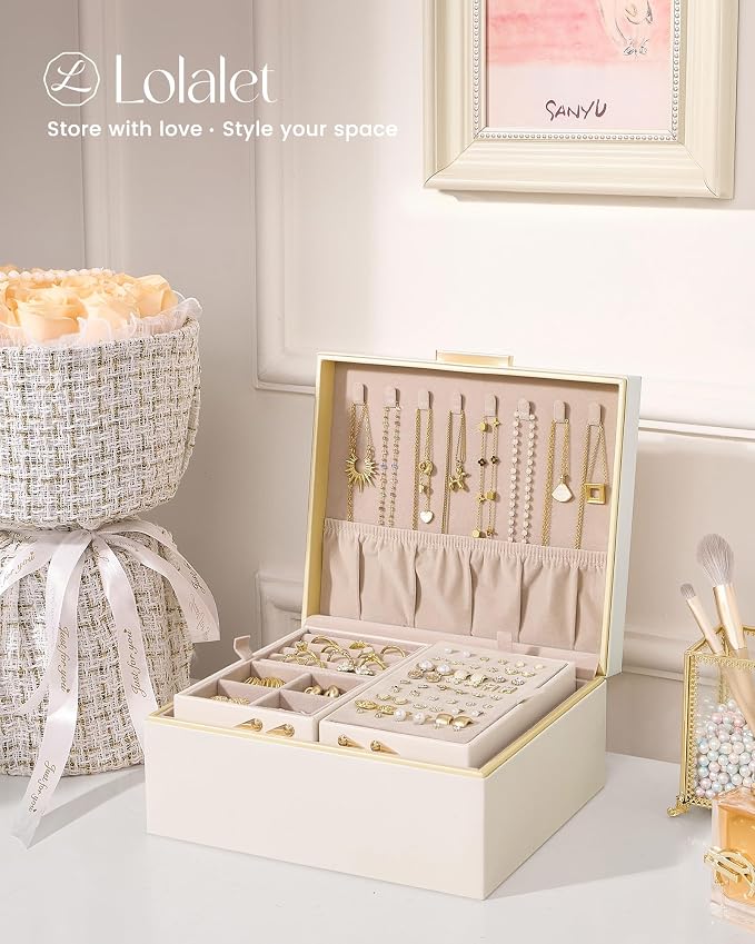 Lolalet Jewelry Box Organizer for Women Girls, 2 Layer Jewelry Organizers and Storage for Necklace Earrings Rings Bracelets, Large Jewellery Holder Case Birthday Gifts -Cream