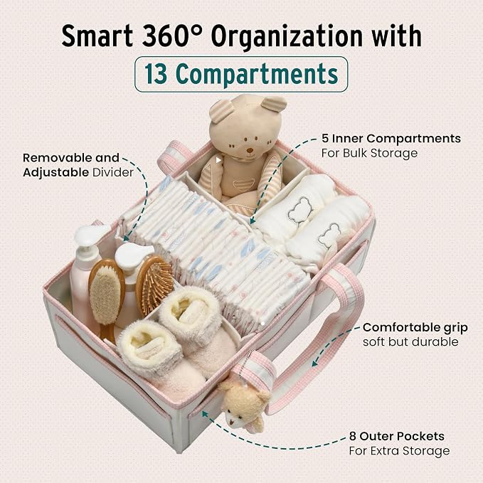 PeraBella XL Diaper Caddy Organizer With Handle, Baby Shower Gifts Basket Bag, Registry Search Must Haves Items, Newborn Girl Boy Nursery Storage Organizer, Baby Bag Essentials, Car Diaper Caddy Cart