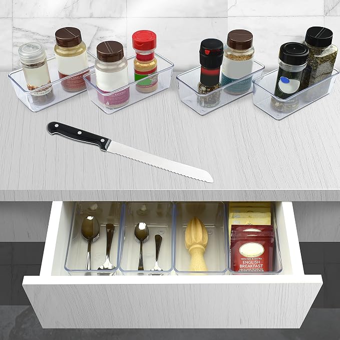 Acrimet Drawer Organizer Modular, Box Tray Storage Bins for Office, Home, Makeup, Kitchen, Junk Drawer ( 4 Pieces) (Clear Crystal Plastic)
