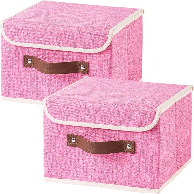 2PCS Collapsible Storage Boxes Baskets with Lid Cotton Linen Fabric Storage Bins with Faux Leather Handles Washable Cube Organizer Container for Home Closet Bedroom (Pink, Small Size)