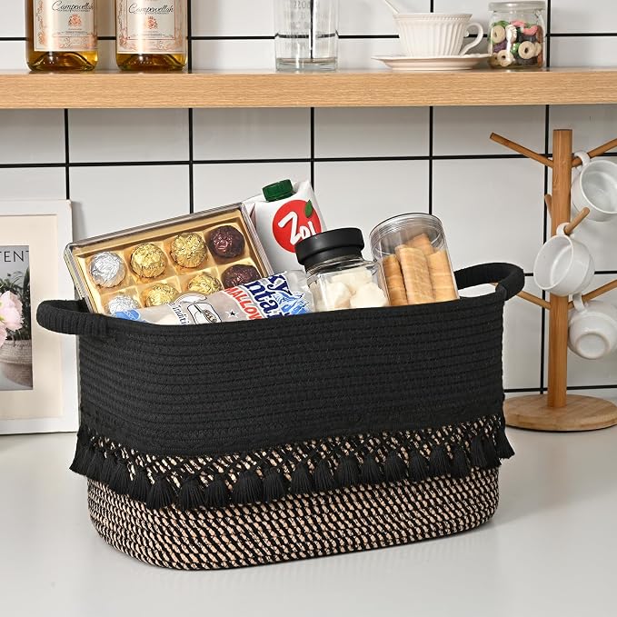 3 Pack Storage Basket for Shelves, Boho Cotton Rope Storage Bins with Heavy Tassel, Shelf Baskets Large Woven Baskets for Organizing, Cube Organizer Bins, Baby Laundry Basket for Clothes, Toys, Pets