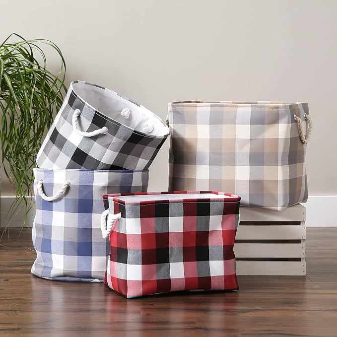 DII Buffalo Check Storage Collection Collapsible Bin with Handles, Large Round, 16x16x15, Tri Color French Blue