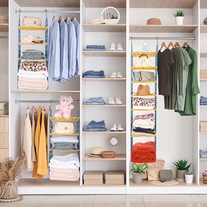 Leinuosen 7 Tier Closets Organizers and Storage Closet Hanging Organizer Shelves with 4 Hanging Hooks for Clothing Sweaters Shoes Pants Coat Hats Handbags Clutches Accessories