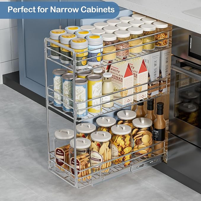 ROOMTEC 3-Tier Pull Out Cabinet Organizer for Narrow Cabinet (8.5" W X 20.5" D), Kitchen Cabinet Organizer and Storage Cabinet Pull Out Shelves Under Cabinet Storage for Kitchen, Chrome