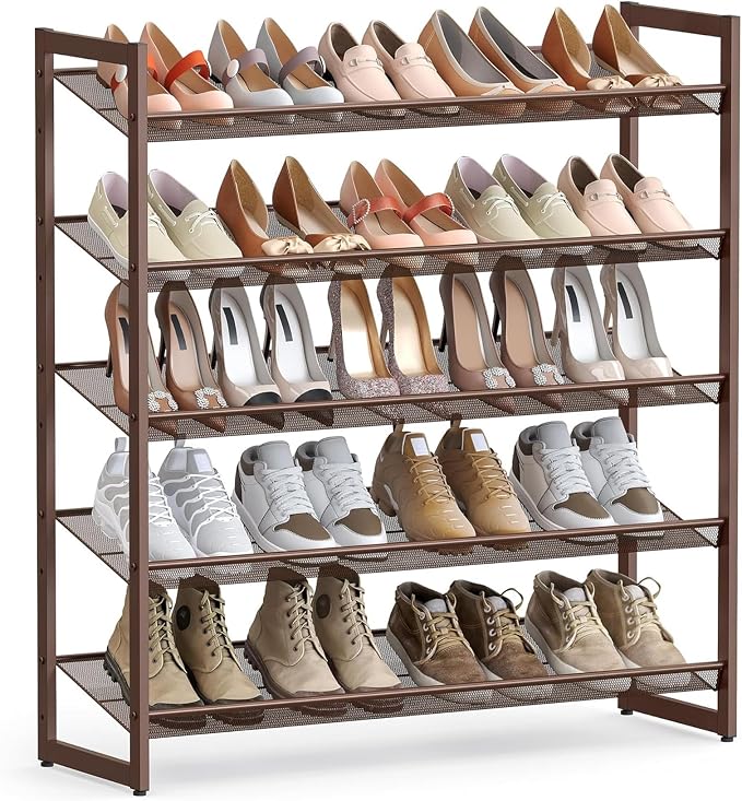 SONGMICS HOME 5-Tier Stackable Shoe Rack, Metal Shoe Organizer for Closet, Entryway, Garage, Flat or Slanted Mesh Shelves, Brown