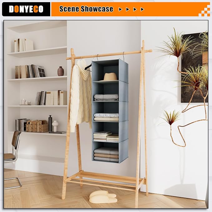 Hanging Closet Organizer 5-Shelf, Oxford Fabric Wardrobe Storage, Gray | Easy-mount foldable design holds clothes, handbags, shoes & accessories; washable Oxford fabric, sturdy and space-saving.