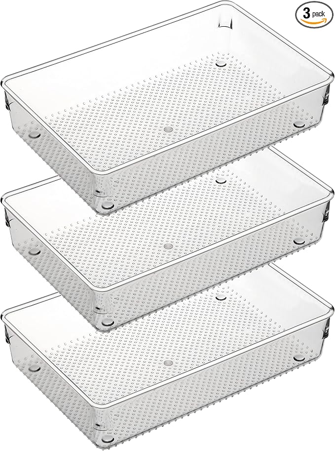 3 Set Clear Plastic Junk Drawer Organizer Vanity Curlery Utensil Makeups Organizer for Kitchen 6" X9''