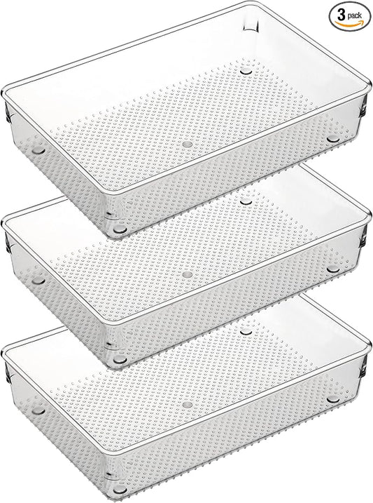 3 Set Clear Plastic Junk Drawer Organizer Vanity Curlery Utensil Makeups Organizer for Kitchen 6" X9''