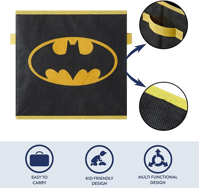 Batman Kids Storage Cubes, 2 Pack Foldable Fabric Bins with Handles, Collapsible Organizer Boxes for Bedroom, Playroom & Nursery, Durable Kids Storage Solution