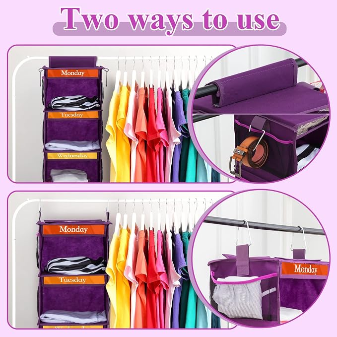 Amylove 2 Pack 6 Shelf Weekly Clothes Organizer for Kids with Side Pocket, 47 Inch Days of the Week Clothes Organizer, Monday to Friday Daily School Outfits Clothing Divider for Kids(Purple)
