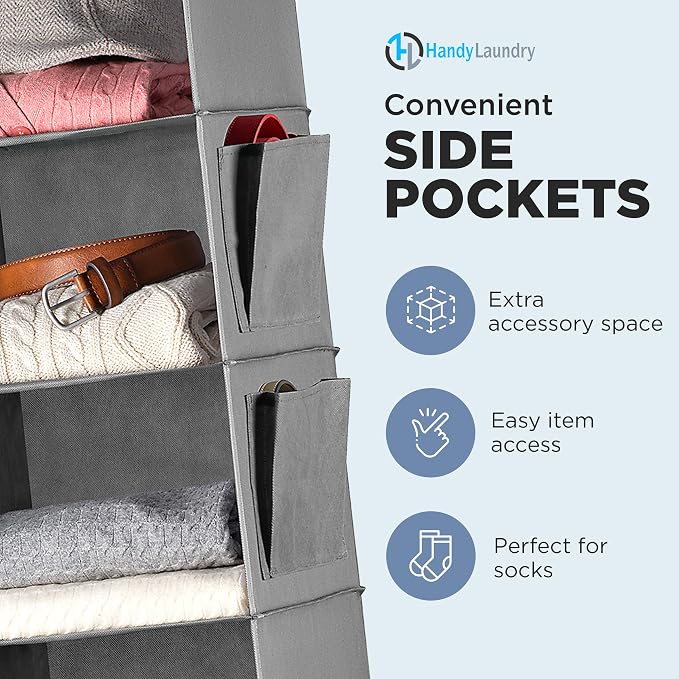 Hanging Closet Organizer - 6 Shelf Storage for Clothes, Sweaters, Shoes & Accessories - Space-Saving Wardrobe Shelves with Hooks for Dorm, RV & Small Closet Organization (Grey) (Pack of 2)