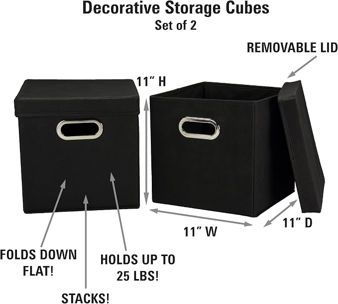 Household Essentials 34-1 Decorative Storage Cube Set with Removable Lids | Black | 2-Pack