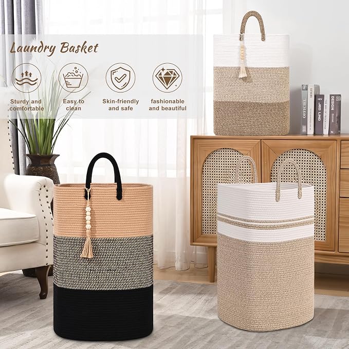 Woven Laundry Basket for Clothes, 50 L Large Rectangle Laundry Hampers with Beads Tassel, Nursery Storage Basket for Toys, Tall Dirty Clothes Hamper for Bedroom Aesthetic, Laundry Room Organization