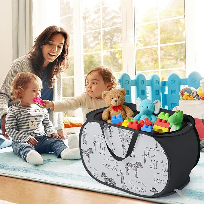 Stuffed Animal Storage Basket with Zipper Lid - Collapsible Toy Basket with Handles - Foldable, Lightweight Sturdy Fabric Animal Print Toy Basket Bin for Kids Room, Nursery, Playroom, Bedroom, Black