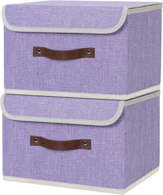 ANMINY 2PCS Storage Bin with Lid Storage Boxes with PU Leather Handles PP Plastic Board Decorative Foldable Lidded Cotton Linen Fabric Home Cubes Baskets Closet Organizer Container - Purple, Medium