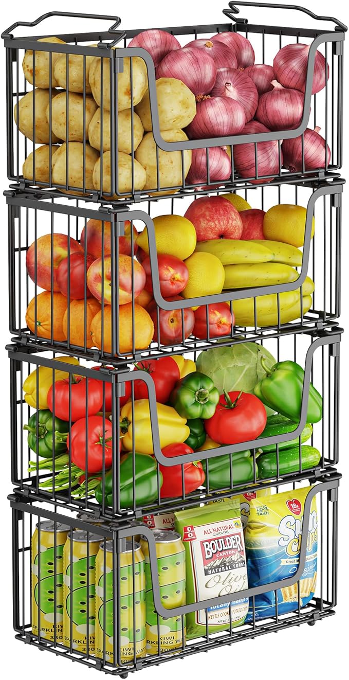 MSERCUOR 4 Pack Foldable Wire Basket for Pantry Organizers and Storage, Stackable Vegetable Fruit Basket for Kitchen Counter, Black Potato and Onion Storage Bin