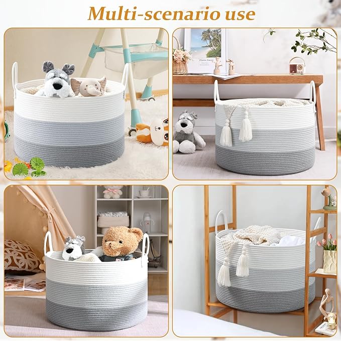 67L Large Woven Blanket Basket, Cotton Rope Baby Laundry Hamper with Handles, Kids Toy Basket for Classroom & Nursery, Soft Round Stuffed Animal Storage, Dog Toy Bin - 20"x13", Gray