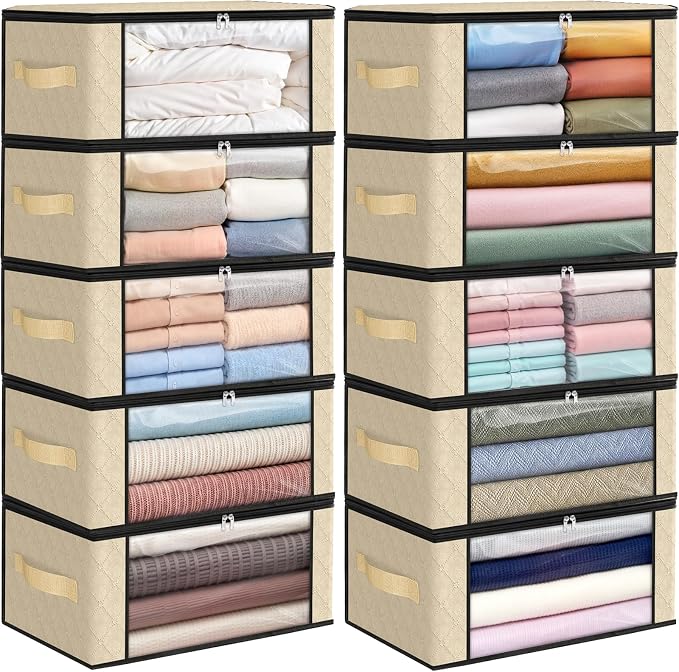 Fab totes 35L Closet Organizers and Storage, Foldable Under Bed Storage Containers, Storage bags for Organizing Bedroom, Closet, Clothing,Organization with Handle (10 Pack,Beige)