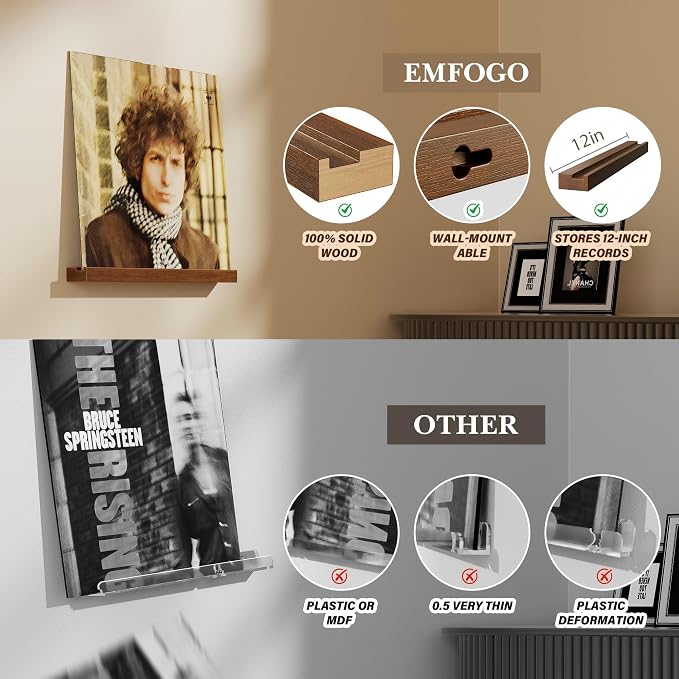 Emfogo Vinyl Record Shelf Wall Mount, 6 Pack Album Record Holder Wall, 12 inch Vinyl Record Storage Shelves Wall, Wood Record Display for Living Room (Walnut)
