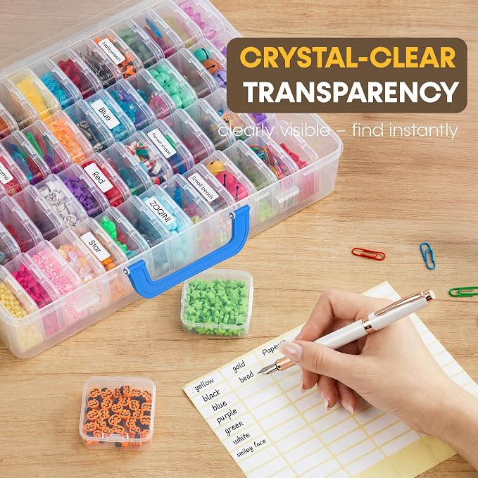 Bead Organizer with Handle, 60Pcs Small Clear Bead Storage Boxes with Labels, Large Craft Case and Mini Plastic Dispensing Containers for Jewelry Making Diamonds Arts Screws Seeds Small Parts