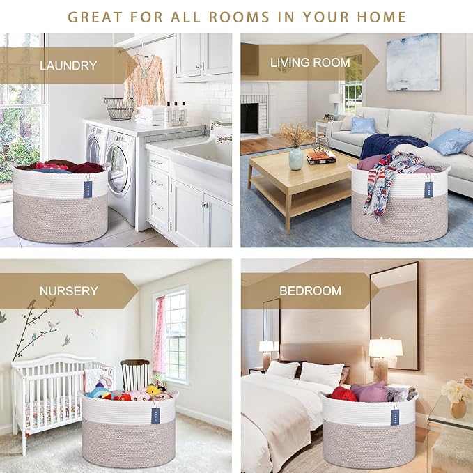 COMSE Extra Large Blanket Basket, Woven Laundry Basket, 21.7”x 13.8”, Nursery Hamper, Cotton Rope Laundry Hamper Living Room for Storage Toys Clothes Towels (White & Light Brown)