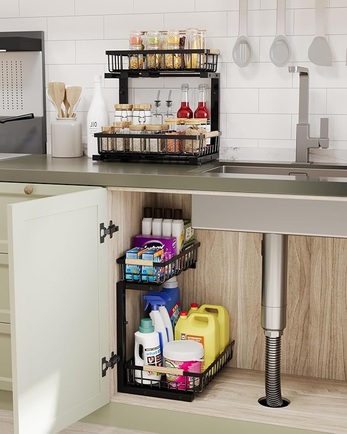 Under Sink Organizer Storage for Families: Pull Out Storage Undersink Organizers Drawer Cabinet - Sliding 2 Tier Rack Metal Organization Under Counter Kitchen Bathroom for Homemakers(Black,1 Pack)