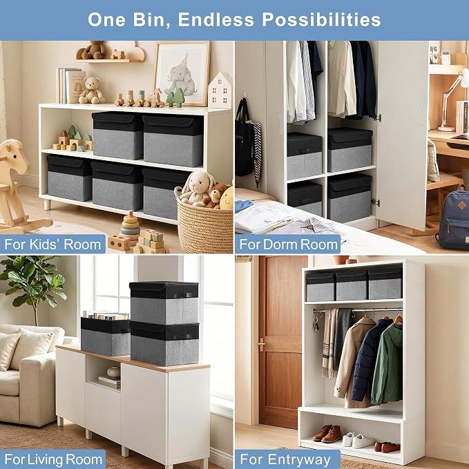 Large 17" 42 Quarts Collapsible Stackable Storage Bins with Lids [3-Pack] Foldable Fabric Linen Storage Boxes Cube, Closet Organizer Baskets with Label for Home (16.7 x 12 x 12", Black & Gray)