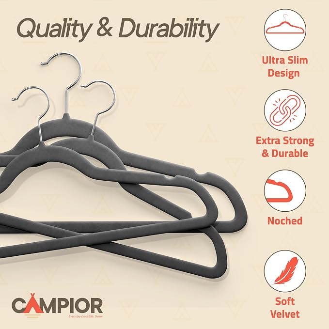 Gray Velvet Hangers 50 Pack – 360° Swivel Hook, Non-Slip and Space Saving Hangers, Heavy-Duty 11 lbs Weight Capacity - Smooth Velvet Finish for Crease-Free Clothes and Effortless Closet Organization