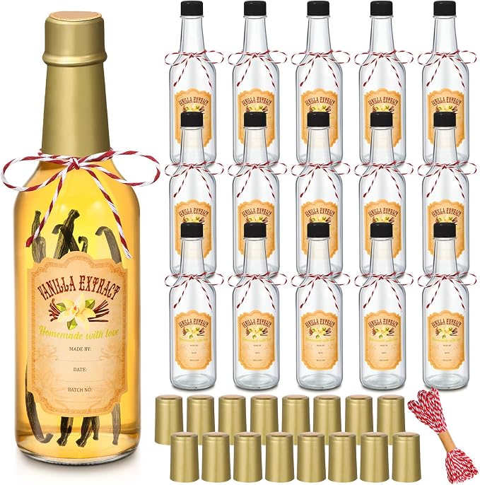 Tioncy 16 Pcs Empty Vanilla Extract Bottles for Homemade Vanilla Jar Glass Bottle with Cap, Shrink Band, Sticker DIY Crafts Wedding Gift Food Storage Canister for Bean(Gold,8.5 oz)