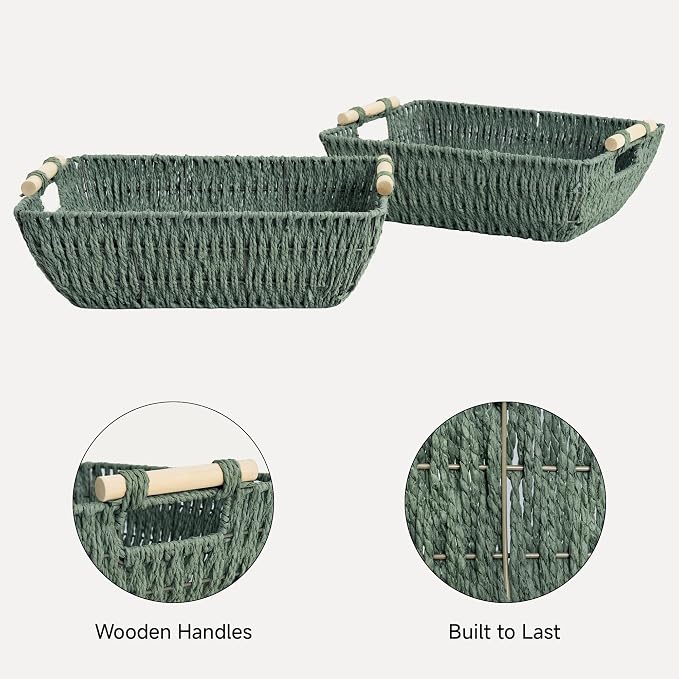 StorageWorks Extra Large Wicker Storage Basket for Organizing with Wooden Handles, Toilet Paper Baskets for Shelf, Sage Green, 2-Pack
