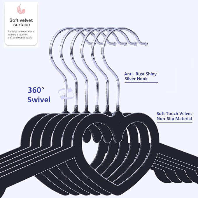 Velvet Hangers 20 Pack,16 Inch Non Slip Adult Heart Hanger (Black) | 360° Swivel Hooks, Cascade Design, Space Saving