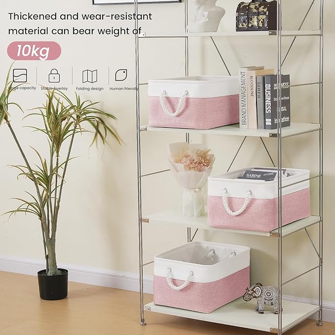 15.7x11.8x8.26 Inch Fabric Large Storage Bins with Handles 6 Pack | Foldable, Sturdy Metal Strand, Cardboard Support Molding, Fabric Storage Baskets for Shelves, Closet, Bedroom, White/Pink