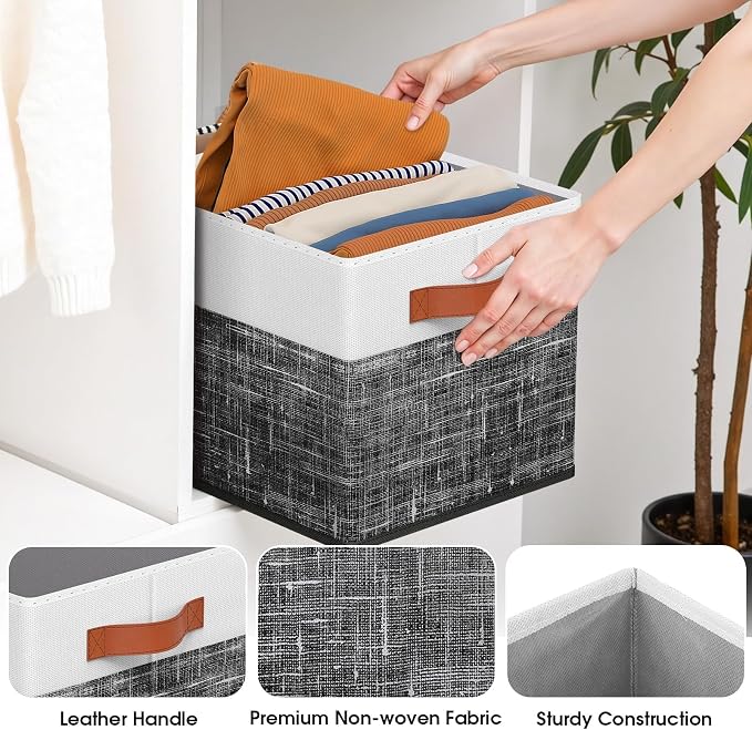 Fab totes Collapsible Storage Baskets for Shelves,14"x10", 6 Pack Foldable Fabric Storage Bins with Double Leather Handles, Large Baskets for Organizing Books, Clothes, White & Black