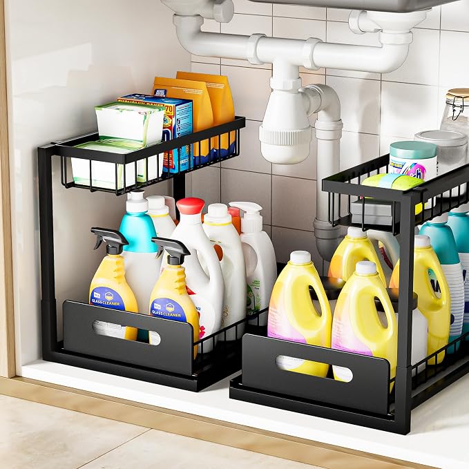 Under Sink Organizer and Storage, Slide Out Cabinet Organizer, Pull Out Sink Shelf for Kitchen Bathroom Laundry, 2 Pack Black