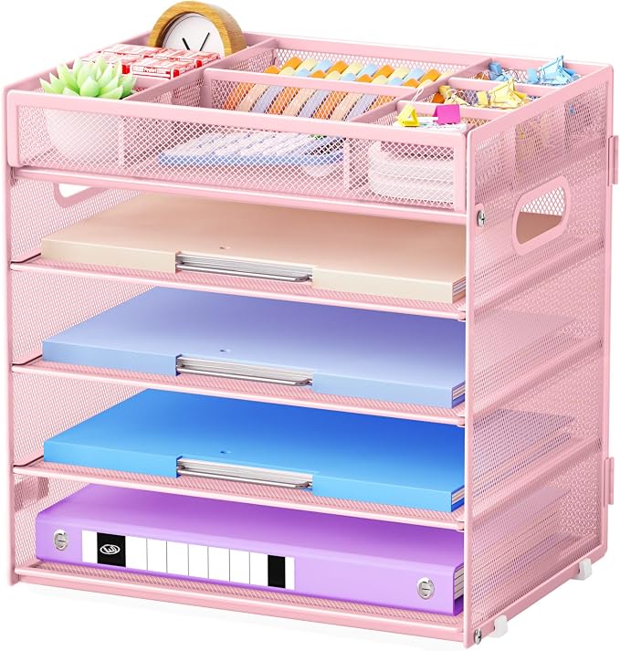 Marbrasse 5 Tier Paper Organizer Letter Tray, Mesh Desk File Organizer with Handle, Paper Sorter Desk Organizer for Home Office Supplies - Pink, Adjustable