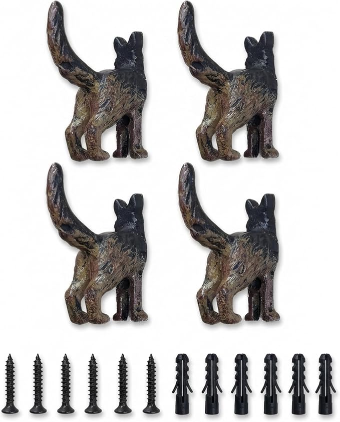 Lulu Decor, Cast Iron German Shepard Dog Tail Hooks (4 Dog Tail Hooks)