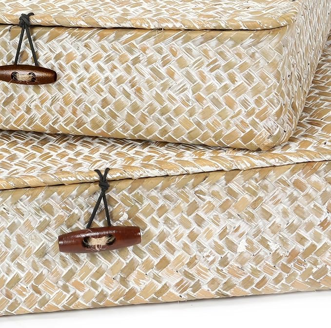 Set of 2 Flat Seagrass Storage Bins with Lid Wicker Storage Baskets for Organizing, Woven Shelf Organizer Bins Home Utility Organizer Box for Home & Office Supplies