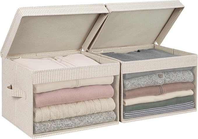 StorageWorks Fabric Storage Bins with Lids, Large Closet Storage Bins | Flip-Top Lid, Clear Window, Handles, Collapsible, for Clothes Blankets Books, Closet Box, Khaki and Beige Stripes, 2-Pack